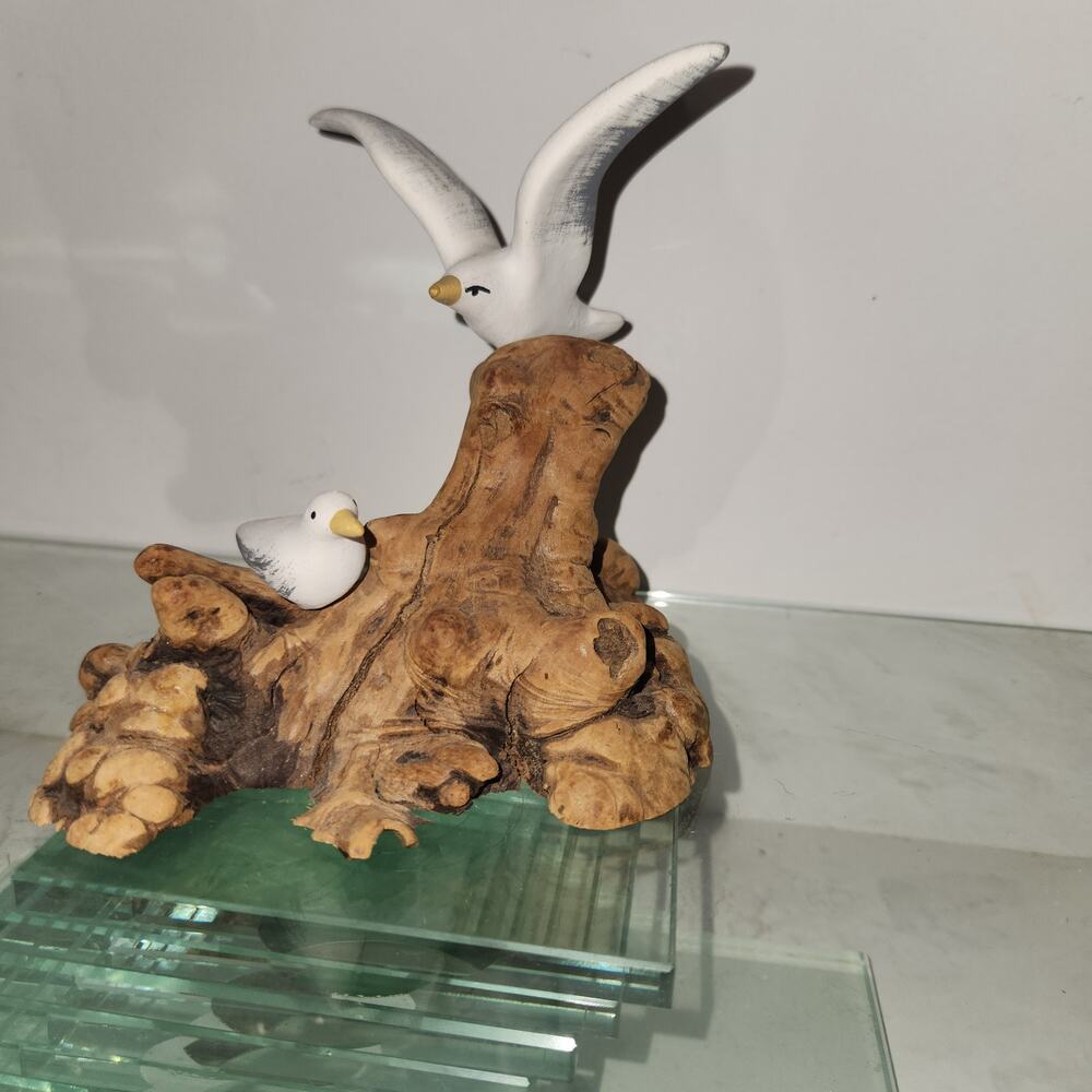 Vintage MCM Burl Wood & Ceramic Sea Gulls Beachy Coastal